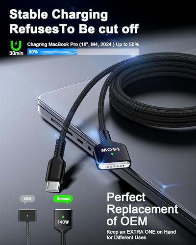 140 W Magnetic USB-C to Mag Safe 3 Charger for Mac Book Pro & Air – 6 Feet Long Fast Charging Cable for Enhanced Performance and Compatibility – Ideal for 16/14 Inch Mac Book Pro and 15/13 Inch Mac Book Air – Durable, Reliable Power Solution for On-the-Go Users