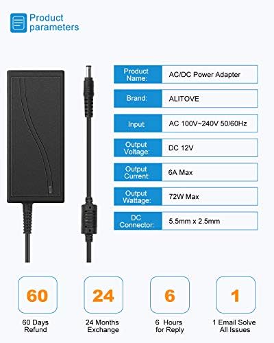 ALITOVE 12 V 6 A High-Efficiency AC to DC Power Supply Adapter – Reliable Transformer for LED Strip Lights, CCTV Cameras, and DC Devices – Versatile 72 W Power Converter with Enhanced Compatibility for Home and Professional Use – Compact Design with Multiple Plug Sizes and Built-In Safety Features for Optimal Device Performance