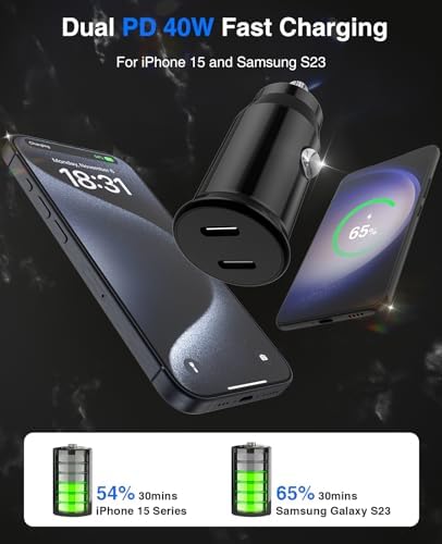 Ultimate 40 W Dual USB-C Car Charger for i Phone 16/15 & i Pad Pro – MFi Certified Fast Charging Adapter with 6 FT USB-C Cable for Galaxy S24/S23 – Premium Power Solution for On-the-Go Connectivity in Sleek White Finish