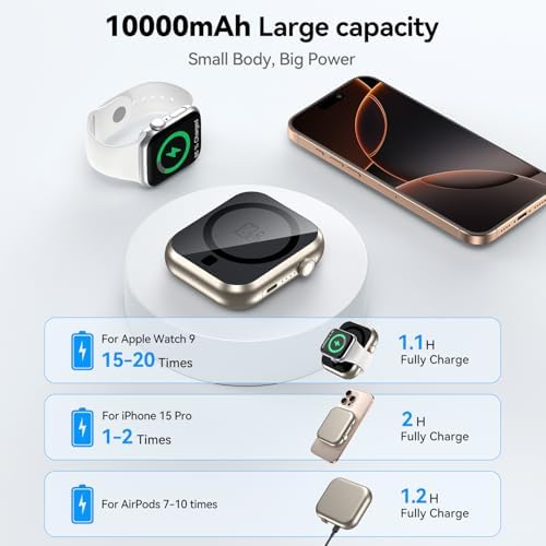 Compact 3-in-1 Mag Safe Power Bank – 10,000 m Ah Magnetic Charger with 22.5 W PD Fast Charging for i Phone 16/15/14/13/12, Apple Watch & Air Pods – Ultimate On-the-Go Charging Solution with Enhanced Safety Features and Dual Device Support