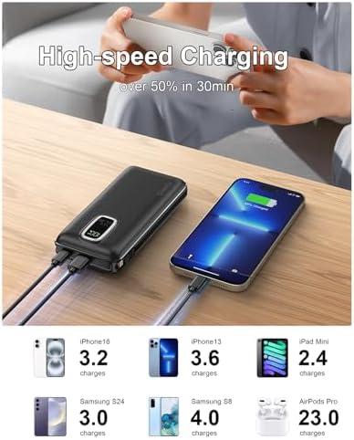 Ultimate 10000 m Ah Portable Power Bank with Built-In USB-C, USB-A & i OS Cables – 22.5 W Fast Charging Power Bank for i Phone 16/15/14/13, Samsung S24/S23/S22/S21, i Pad & More – Lightweight, Airline-Approved Charger for On-the-Go Convenience and Enhanced Device Compatibility