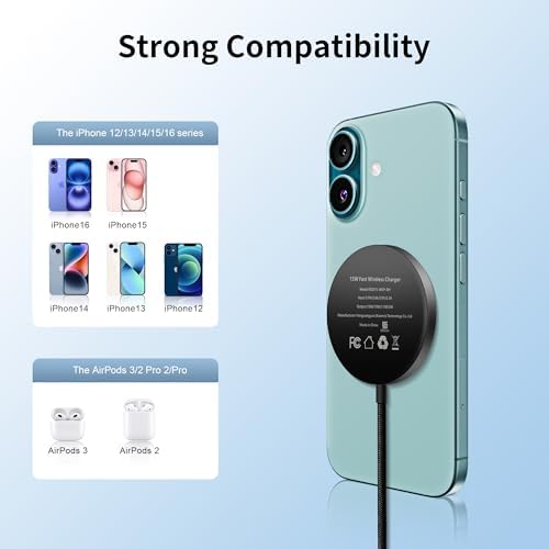 Powerful Magnetic Wireless Charger for i Phone 12-16 Series & Air Pods – 15 W Fast Charging Pad with USB-C Port – Ultimate Compatibility & Stability for Efficient Charging – Compact Design for Travel & Office Use – Qi2 Protocol Enabled for Rapid Performance & Durability