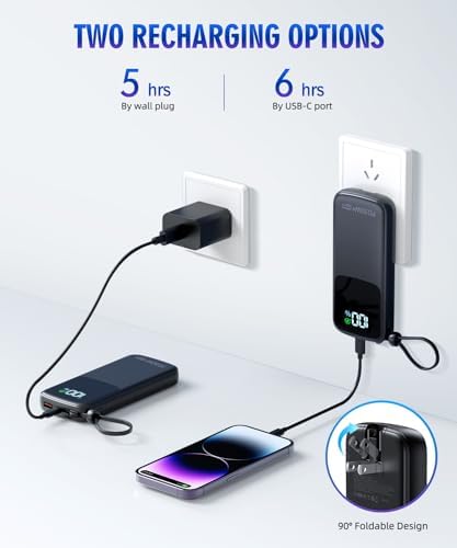 Ultimate 15,000 m Ah Portable Power Bank with Integrated AC Plug and Dual Output Cables – PD 30 W Fast Charging for i Phone, i Pad, and All Devices – Lightweight, Compact Design with LED Battery Indicator for On-the-Go Charging Solutions