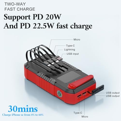 Ultimate Solar Power Bank 66800 m Ah with Hand Crank & 4 Charging Cables – 22.5 W Fast Charge for Camping, Emergency Preparedness, and Outdoor Adventures – Equipped with SOS Strobe Light, Strong Flashlight, and Compass – Rugged & Reliable Portable Charger for All USB Devices