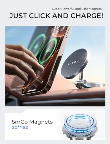 LISEN Mag Safe Car Mount Charger – Upgraded 360° Rotating Wireless Phone Holder for i Phone 16 Pro Max, 15, 14, 13, 12 & Samsung Devices with Mag Safe Cases – Fast Charging, Foldable Design for Effortless Storage and Enhanced Accessibility