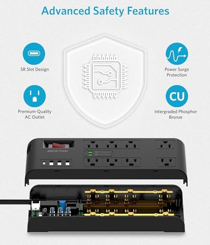 BESTEK 8-Outlet Power Strip with 5-Foot Extension Cord: Multi-Port USB Charging Hub Featuring 3 USB-A (2.4 A) & 1 USB-C (3 A) | 1625 W Max Output with 600 Joule Surge Protection for Enhanced Device Safety | Ultra-Compact Design for Home & Office Efficiency