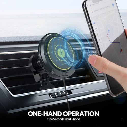 Experience Unmatched Convenience with the 15 W Mag Safe Car Mount Charger – Fast Wireless Charging for i Phone 12-16 Series, Effortless Magnetic Hold for Secure Navigation and Streaming, Sleek Air Vent Design for Maximum Visibility and Accessibility, Perfect for On-the-Go Lifestyle and Modern Automobile Interiors