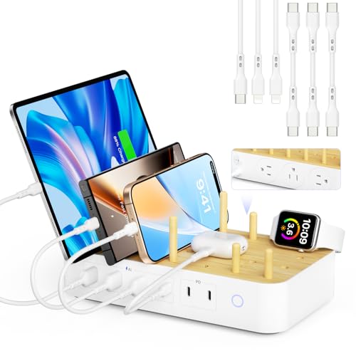 Eco-Friendly Bamboo USB-C Charging Hub – 60 W 6-Port Multi-Device Dock with 3 AC Outlets, 3 USB-C, 3 USB-A Ports, 6 Mixed Cables Included, 6.6 ft Power Cord for i Phones, i Pads & Tablets – Fast, Efficient Charging Solution with Elegant Design