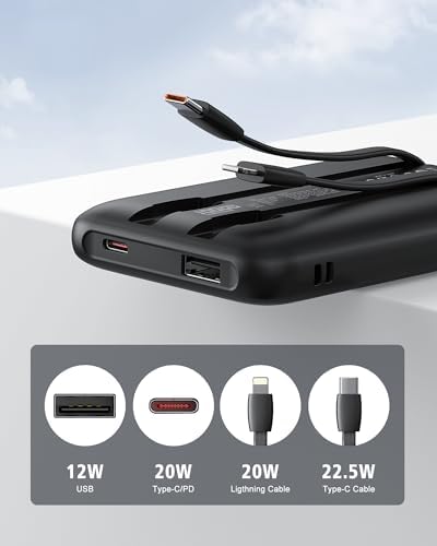 10000 m Ah Portable Power Bank with Built-in Cable – 22.5 W PD Fast Charging, Compact & Lightweight Charger for Apple, Samsung, Google, Motorola – Sleek Grey Design for On-the-Go Convenience and Enhanced Compatibility