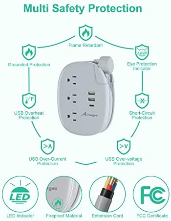 Alitayee 20 W USB-C Power Strip: Compact 3-Outlet Surge Protector with Fast Charging & Flat Plug for Travel, Home, and Office – Ideal for i Phone and QC 3.0 Devices with 3 ft Extension Cord for Maximum Portability and Compatibility