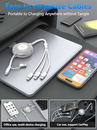 Versatile 3-in-1 Retractable Multi Charging Cable – 100 W USB-C Fast Charger for i Phone 15, 14, 13 & Samsung Devices – Stylish 4 FT Tangle-Free Cord in Elegant Pink – Essential Travel Companion for Quick Charging and Enhanced Compatibility