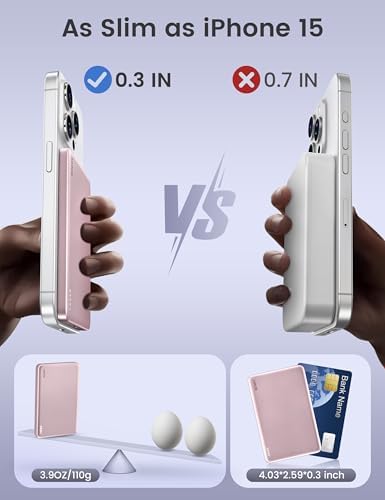 Ultra-Slim Mag Safe Portable Charger by RORRY – 5000 m Ah Magnetic Power Bank for i Phone & Samsung – 18 W Fast Charging Wireless Battery Pack in Elegant Pink – Effortless Portability with Durable Alloy Design