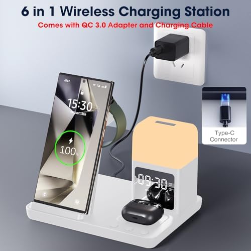 Ultimate 6-in-1 Wireless Charging Station for Samsung Devices – Stylish Purple Design with Alarm Clock and Night Light Functionality – Fast Charging for Galaxy S25/S24/S23 Ultra Series, Galaxy Watch 7/6/5/4, and Galaxy Buds – Ideal for Home or Office Use – Enhanced Safety Features and Adjustable Brightness Settings – Tidy Up Your Space with This Multi-Device Charger – Compatible with USB-C, Perfect for Samsung Users Seeking Convenience and Efficiency – Say Goodbye to Clutter and Hello to Seamless Charging Experience!