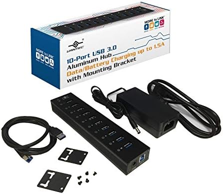 Vantec 10-Port USB 3.0 Hub – Premium Aluminum Mountable Charger & Data Hub with 1.5 A Power, 5 Gbps Speed, and 60 W Adapter for Seamless Device Connectivity and Organization – Ideal for Home & Office Use