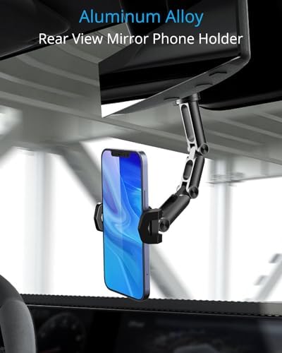 Revolutionary Aluminum Alloy Rear View Mirror Phone Holder – Multi-Angle Adjustable and Rotatable Mount for 4-7 Inch Smartphones – Ultimate Driving Safety and Seamless Connectivity for i Phone and Android Users – Effortless Installation and Modern Design