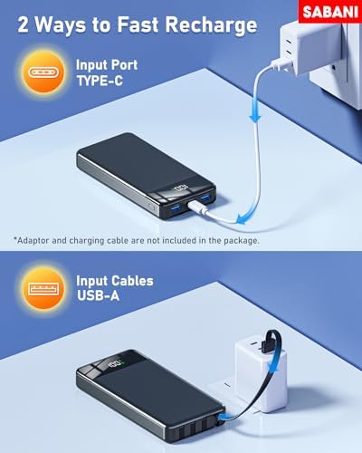 SABANI 35000 m Ah Power Bank – All-in-One Portable Charger with 4 Integrated Cables, 22.5 W Fast Charging for i Phone 16/15/14/13 & Samsung Android Devices – Ultimate On-the-Go Battery Solution in Sleek Black Design for Seamless Connectivity and Reliability