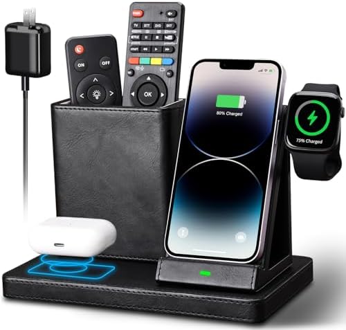 Upgrade Your Workspace with KINGFOM 4-in-1 Wireless Charging Station – Fast Charger for i Phone 15-8 Plus, Apple Watch & Air Pods, Stylish PU Leather Design with Desk Organizer Functionality in Sleek Black – Enhance Efficiency & Reduce Clutter