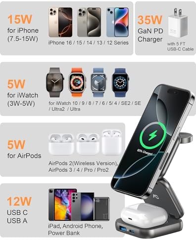 Revolutionize Your Charging Experience with AC Island 5-in-1 Portable Travel Wireless Charger – Fast 15 W Magnetic Stand for i Phone 16/15/14/13, Apple Watch & Air Pods, Includes 35 W Adapter, Ideal for On-the-Go Lifestyle and Enhanced Compatibility