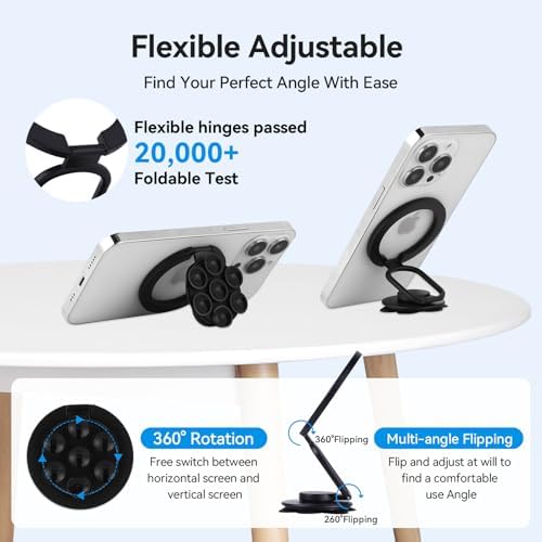 Versatile Magnetic Phone Holder and Multi-Function Stand with Suction Cup and Ring Grip – Perfectly Compatible with i Phone 16/15/14/13/12 Models and Mag Safe Cases (Elegant Black) – Enjoy Hands-Free Viewing and Enhanced Stability