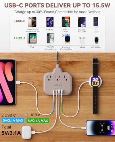 Stylish Brown Travel Power Strip with 5 Ft Cord – Compact Extension Solution Featuring 3 AC Outlets & 4 USB Ports (2 USB-C) for Rapid Charging – Ideal Desk Accessory for Tan Wood and Walnut Grain Décor – Maximize Functionality & Aesthetics in Any Space