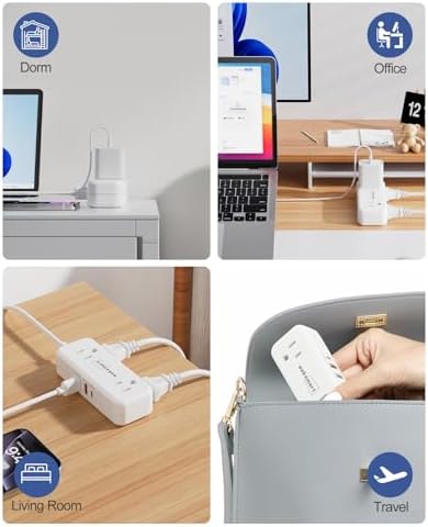 Sleek Flat Plug Power Strip with 5 Ft Extension Cord – 4 AC Outlets & 3 Fast-Charging USB Ports (5 V/3.4 A) – Compact Travel-Friendly Power Solution for College Dorms, Home Offices, and On-the-Go Charging – Maximize Space and Connectivity