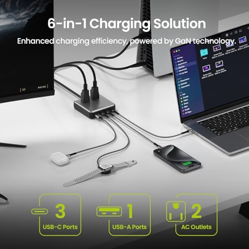Ultimate 6-in-1 Ga N Charging Station – 100 W Power Strip with 2 AC Outlets, 3 USB-C, and 1 USB-A Port for Fast, Efficient Charging at Home, Office, or Travel – Versatile 5 ft Cord for Unmatched Flexibility and Device Compatibility