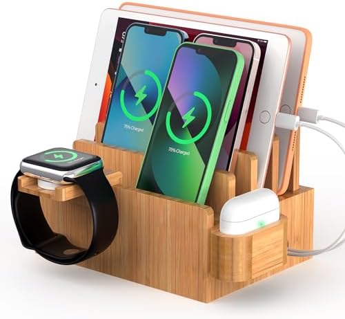 Eco-Friendly Bamboo 5-Port USB Charging Station: Versatile Multi-Device Organizer with Smartwatch and Earbuds Stand for Efficient Power Management – Perfect for Home and Office Use