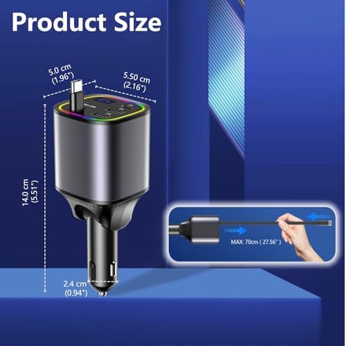 Ultimate AGEMANY 4-in-1 Retractable Car Charger: 78 W Fast Charging USB C Adapter for i Phone 16/15/14/13/12 & Android Devices, Stylish Cigarette Lighter Accessory with RGB Illumination – Perfect Gift for Tech-Savvy Drivers