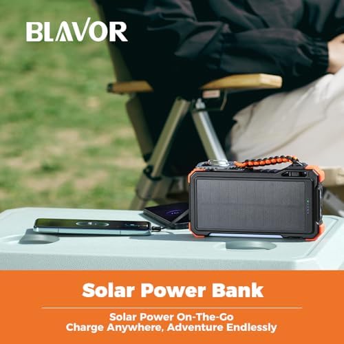 Ultimate BLAVOR 20000 m Ah Solar Power Bank with Fast Charge and Built-In Cables – Ideal Multi-Device Charger for Outdoor Adventures, Camping, and Daily Use – Eco-Friendly USB C Battery Pack Compatible with i Phone 16-11, i Pad, Samsung, and Apple Watch