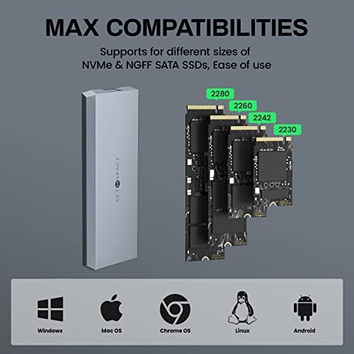 Ultra-Durable SETMSPACE NVME Enclosure – 10 Gbps SSD Adapter for M-Key Drives, Solid Aluminium Alloy Case with USB C/A Cables, Supports 2230/2242/2260/2280 Sizes, Enhanced Portability and Robust Performance in Sleek Grey Design