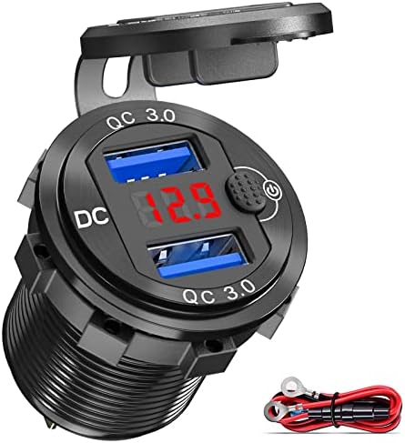 Premium 12 V USB Outlet Dual Quick Charge 3.0 Pack – Waterproof Aluminum Charger with LED Voltmeter & Power Switch for Marine, Motorcycle, Truck, Golf Cart, RV, and Car – Ultimate Charging Solution for Active Lifestyles