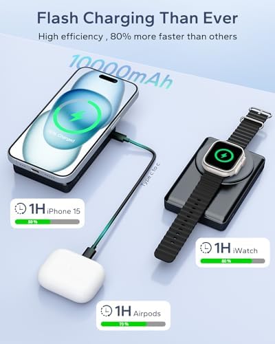 KPON Magnetic Power Bank with 10,000 m Ah Capacity – Wireless Fast Charging Portable Charger for i Phone 16 Pro Max/15/14/13 and Apple Watch, Foldable Stand for Hands-Free Use, Sleek Carbon Black Design – Ultimate Convenience for On-the-Go Charging