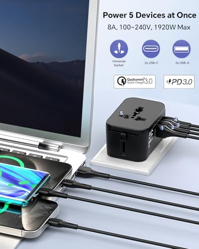 Global Travel Power Adapter with Dual USB-C & USB-A Ports – Compact & Efficient Universal Charger for USA, EU, UK & AUS – Reliable Fast Charging Solution for Tech-Savvy Travelers in Sleek Black Finish