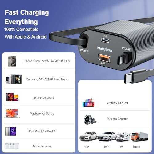 Magjieyx 62 W Retractable Car Charger: 4-in-1 Fast Charging Adapter for Ultimate On-the-Go Power – Compatible with i Phone 16/15/14/13/12 Pro Max Plus, i Pad, Air Pods, Galaxy – Quick Charge & Power Delivery Enabled for Rapid Device Charging – Tangle-Free Convenience for Commuters and Travelers