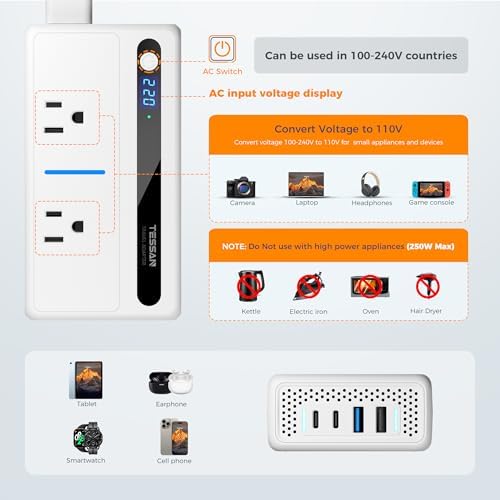 Universal 220 V to 110 V Travel Voltage Converter by TESSAN – High-Efficiency Step Down Transformer with 4 USB Ports (2 USB-C) & Dual AC Sockets for Global Compatibility in EU, UK, AU, IT – Fast Charging Solution for Seamless Worldwide Device Powering