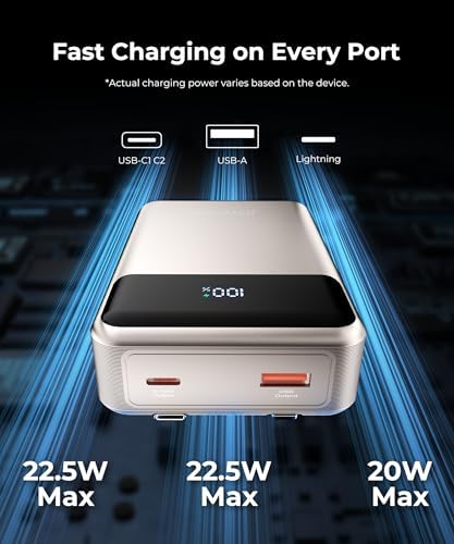 High-Capacity 30,000 m Ah Portable Power Bank with Built-in USB-C Cable – 22.5 W Super Fast Charging for i Phone, i Pad, Google, Xiaomi – Ideal for Travel, Camping, and Emergency Power Solutions – Slim and Lightweight Design with 17-Layer Safety Protection for Maximum Reliability – Perfect for Charging Multiple Devices Simultaneously – Enjoy 24/7 Customer Support and 36-Month Warranty