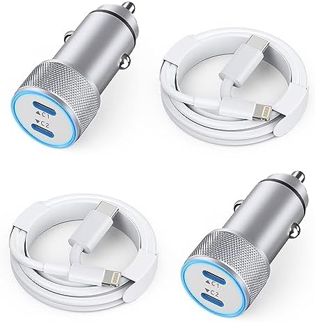 High-Performance i Phone Car Charger – Dual-Port 38 W USB-C & QC3.0 Fast Charging Adapter with 2 Lightning Cables, MFi Certified for i Phone 14, 13 Pro Max, 12, 11, X – Sleek Grey Design for Enhanced Compatibility and Efficiency on the Road