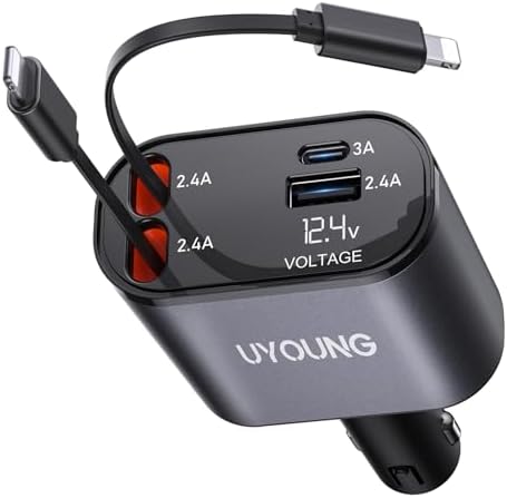 Revolutionize Your Road Trips with the UYOUNG 100 W Retractable Car Charger – 4-in-1 Fast Charging Solution with Dual 31.5-Inch Cables & Dual USB Ports for i Phone 15/14/13/12/11 Pro Max, Samsung, Pixel, and More – Ultimate Compatibility & Speed for Modern Travelers