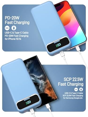 Ultimate 20,000 m Ah Portable Charger with Built-in Cables & AC Plug – Super Fast PD20 W & SCP22.5 W USB-C Power Bank for Quick Device Charging – LED Display & Universal Compatibility for i Phone, Samsung & More – Essential Travel Accessory for On-the-Go Power Solutions