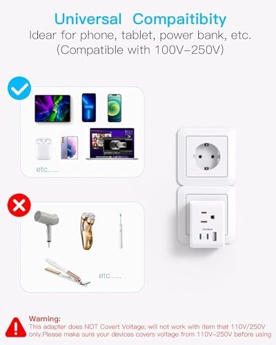 Ultimate European Travel Plug Adapter Set – Dual Pack Universal Power Converter with 3 AC Outlets and 3 USB Charging Ports (including USB-C) for Efficient Power Solutions in Italy, Spain, France, Germany, and Iceland – Essential Accessory for Global Travelers Seeking Versatile Compatibility and Rapid Charging Efficiency