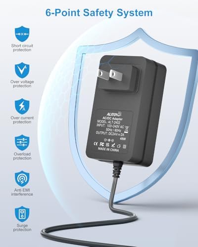 Versatile 24 V DC Power Supply Adapter – 2 A 48 W AC/DC Charger with 6.2 FT Cord & 14 Interchangeable Tips for LED Strips, CCTV Cameras, Routers & DC Pumps – Efficient, Portable, and Durable Power Solution for Home & Business Use