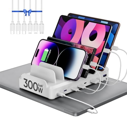 300 W Multi-Device Charging Hub – 8-Port USB C Fast Charger Dock for Mac Book, i Phone 16-12, Samsung & Pixel Series – Includes 6 Cables – Sleek Black Design for Effortless Organization and Rapid Power Delivery