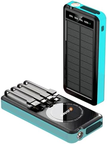 Ultimate Portable Solar Power Bank with Integrated Charging Cables – 10,000 m Ah Waterproof Battery Pack for Phones Featuring USB, Micro USB, Lightning, Type-C, and Wireless Charging – Perfect for Outdoor Adventures and Daily Use (Black Blue)