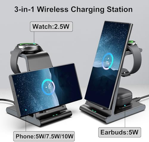 Ultra-Fast 3-in-1 Wireless Charging Dock for Samsung Galaxy Devices – Sleek Space-Saving Charger for Galaxy S25 Ultra, S24, S23, Note 20, Z Flip 6 & Fold 6 – Efficient Power Station for Galaxy Watch Ultra/7/6/5 & Galaxy Buds Pro with Overheat Protection and Modern Design for Home or Office