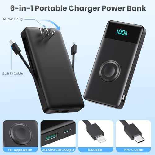 Ultra-Compact 6-in-1 10800 m Ah Power Bank with Built-In Cables & AC Plug – Fast Charging for i Phone, Android, and Apple Watch – LCD Display for Easy Power Monitoring – Lightweight, Travel-Friendly Battery Pack for Multi-Device Charging – Perfect for i Phone 16/15/14 Series, Samsung Galaxy, and More – Enjoy Unmatched Versatility and Convenience on the Go