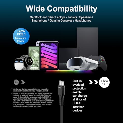 Maximize Your Charging Potential with the HKY 140 W Ga N USB-C Power Adapter: 10 Ft Slim Charger for Mac Book, Dell, Lenovo, MSI, and HP – PD3.1 Fast Charging for Laptops & Docking Stations – Unmatched Portability & Efficiency for Tech Enthusiasts