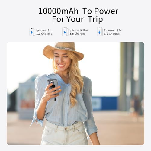 Miady 10000 m Ah Portable Charger with Built-in Foldable Wall Plug – PD 30 W Fast Charging Power Bank with USB-C Cable & LED Display – Lightweight Travel Essential for i Phone & Galaxy Smartphones in Stylish Cream Blue – Ultimate On-the-Go Charging Solution