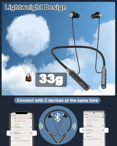 Elevate Your Audio Experience with Hmusic Neckband Bluetooth Earbuds – 30 Hours of Playtime, IPX5 Waterproof Design for Sports and Gaming – Exceptional Sound Quality & Enhanced Device Compatibility for Active Users – Wireless Comfort and Durability for Every Adventure