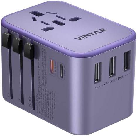 VINTAR Universal Travel Adapter: All-in-One Power Converter with 6 A Output, 3 USB-C and 2 USB Ports for Fast Global Charging Across Europe, UK, USA, and Australia – Essential Travel Accessory for Effortless Device Connectivity and Safety Features