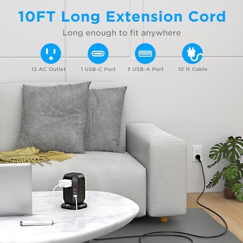 Ultimate Power Strip Tower with USB Ports – Ai Joy 12 AC Outlet Surge Protector and 4 USB Charging Station with 10 Ft Extension Cord, Overload Protection for Home, Office, and Dorm Use – Space-Saving Design for Enhanced Device Compatibility and Fast Charging